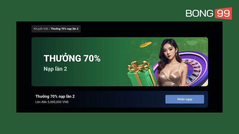 Lần nạp tiền thứ 2, người chơi nhận thêm 70% giá trị