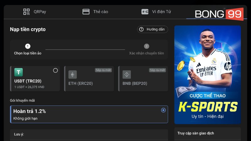 Người chơi có thể nạp tiền ảo tại nhà cái