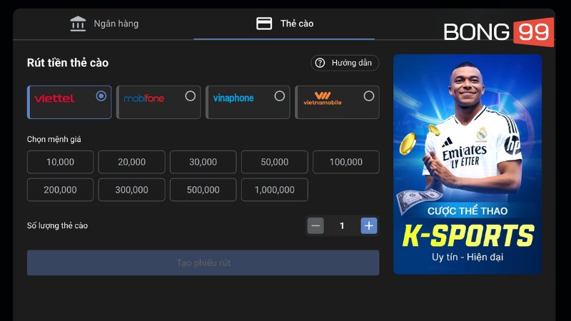 Quy đổi chip cược thành thẻ cào điện thoại